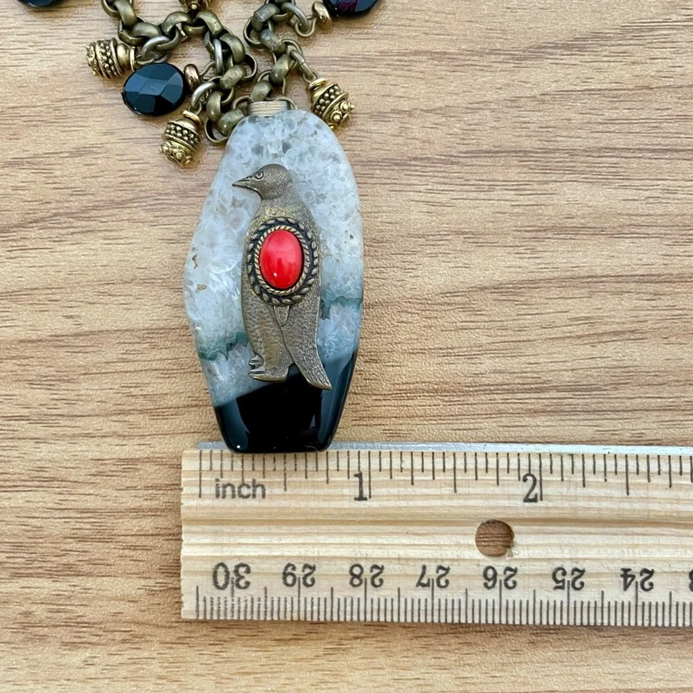 Vintage Penguin Agate Statement Necklace Brass Tone Beads Artisan Folk Nature